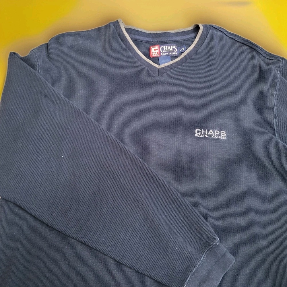 Vintage CHAPS Ralph Lauren Ribbed Cotton V‑Neck Sweater Men's L Blue Preppy Y2K